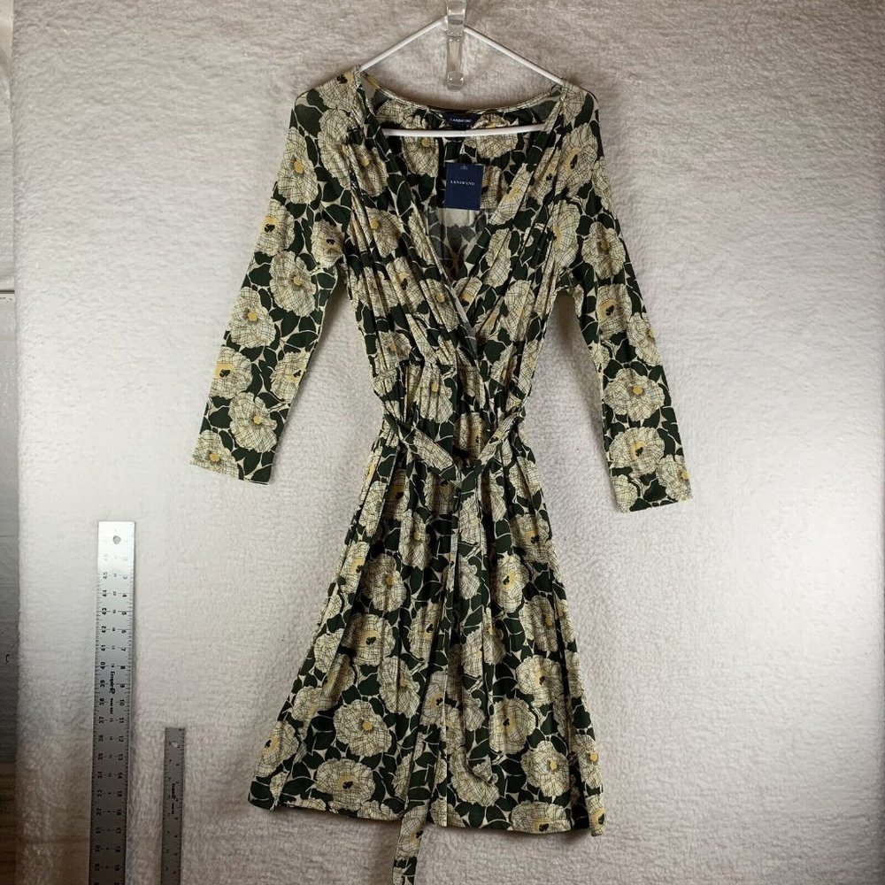 Lands' End Fit & Flare Midi Dress Women's Small‎ 6-8 Floral Plunge Neck S7948